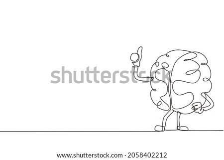 Single continuous line drawing happy human brain character with gesture thumb up. Flat doodle style knowledge concept design of emotional brain. One line draw graphic design vector illustration