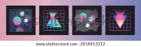 Distorted neon grid pattern and glowing shapes. Abstract vector background. Retro wave, synthwave, rave, vaporwave. Blue, black, pink purple colors. Trendy retro 80s, 90s style. Print, poster, banner Royalty-Free Stock Photo #2058413312