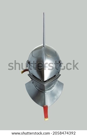 Medieval knightly Milanese helmet with a heraldic kleinod in the form of a swan and a crown, period of the 15th century, on a light background.