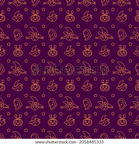 Seamless pattern on the theme of Halloween. contour image of holiday elements: pumpkin, witch, cat, ghost, etc. Seamless pattern. Ideal for printing packaging, postcards, fabrics, websites, templates.