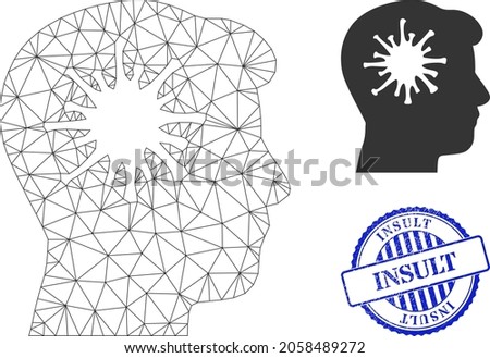 Web carcass coronavirus brain vector icon, and blue round INSULT textured watermark. INSULT watermark uses round shape and blue color. Flat 2d carcass created from coronavirus brain icon.