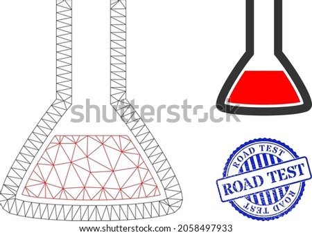 Web network chemical flask vector icon, and blue round ROAD TEST unclean badge. ROAD TEST stamp seal uses round template and blue color. Flat 2d carcass created from chemical flask pictogram.