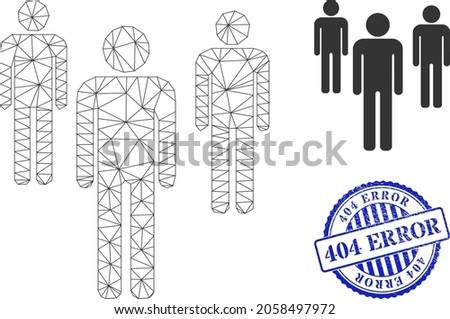 Web mesh men figures vector icon, and blue round 404 ERROR rough stamp seal. 404 ERROR stamp seal uses round shape and blue color. Flat 2d model created from men figures pictogram.