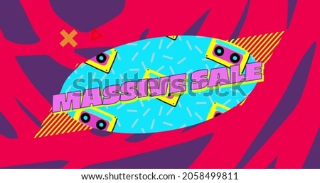 Massive sale words on blue oval with audio cassettes graphic on red and blue background 4k