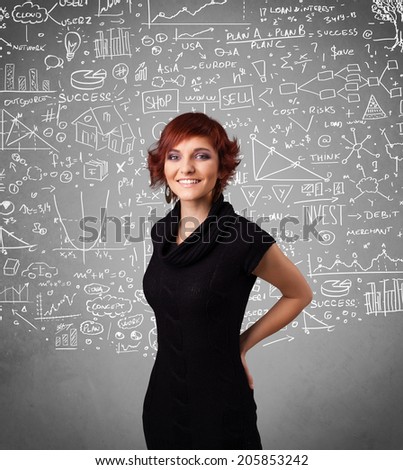 Young pretty lady with hand drawn white calculations and icons
