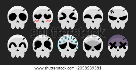 Halloween cute ghost character set. Skull cartoon. Emotion Skeleton face. Vector illustration isolated.