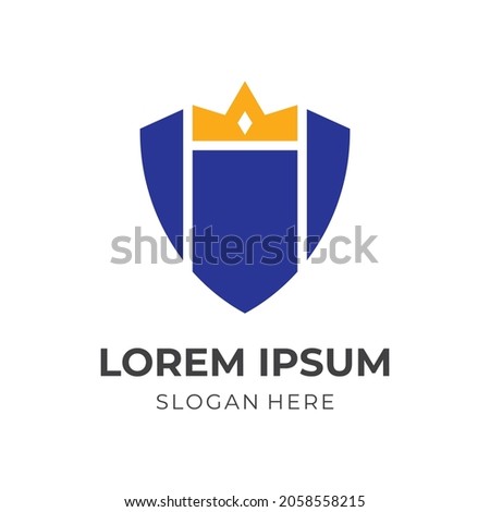 shield luxury logo template, shield and crown, combination logo with flat blue and yellow color style
