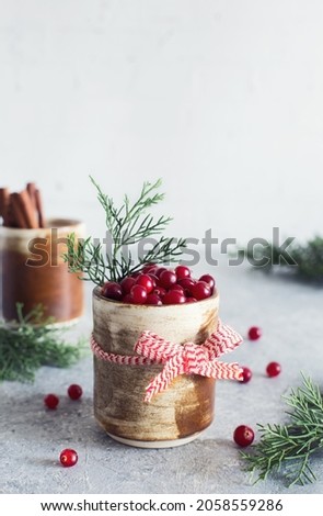 Fresh cranberries in a bowl and fir branches close up. Selective focus. Copy space