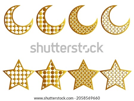collection of moon and stars with gold arabic pattern clipping mask technique with color gradation