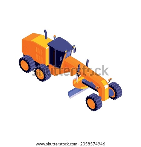 Isometric road construction roller composition with isolated image of orange grader bulldozer vector illustration