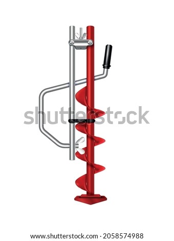 Winter fishing equipment realistic composition with isolated image of red ice drill mechanism vector illustration