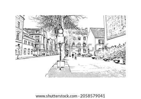 Building view with landmark of Klaipeda is the 
city in Lithuania. Hand drawn sketch illustration in vector.