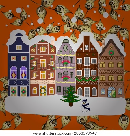 Unusual christmas illustration postcard on orange, white and brown colors. Amazing fairy house decorated at christmas in magical forest. Vector illustration.