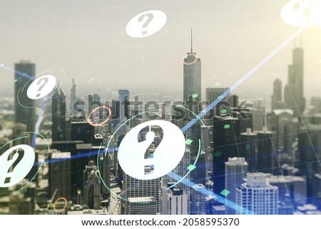 Abstract virtual question mark sketch on Chicago office buildings background, FAQ and research concept. Double exposure