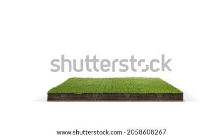 cubical cross section with underground earth soil and green grass on top, cutaway terrain surface with mud and field isolated Royalty-Free Stock Photo #2058608267