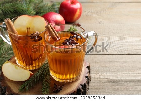 Hot mulled cider, ingredients and fir branches on wooden table