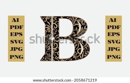Floral Alphabet, letter B coloring page. Capital letter. Vector illustration art design.