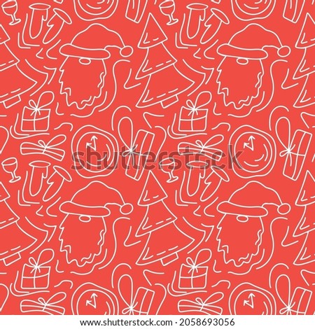 Merry Christmas and Happy New Year Seamless vector pattern in doodle style. Hand-drawn cute santa, tree, gifts and watches. Illustration for packaging, wrapping paper, fabric, postcards