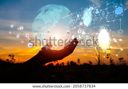 Hand holding circle network communication technology for global.Data in the global computer social.telecommunication,earth cryptocurrency.photo modern technology and communication concept.