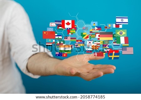 An abstract sho of 3D rendered digital international communication with national flags of the world