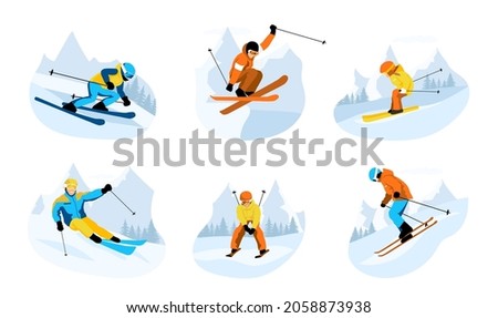 Set of skiers isolated on white background. Skier rides, jumps, slides in mountains. Ski actions: downhill, slalom, freeride, ski jumping, freestyle. Skiing in winter Alps. Vector illustration Royalty-Free Stock Photo #2058873938
