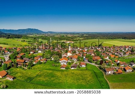 Aerial view of Waakirchen in Upper Bavaria, Bavaria, Germany, Europe