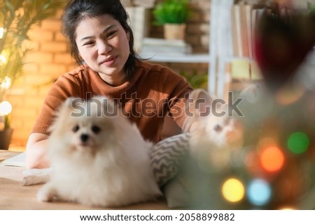 asian attractive female hand hug cuddle holding pomeranian cute lapdog working from home studio with happiness and cheerful,asian woman stay home and working with little dog friend together 