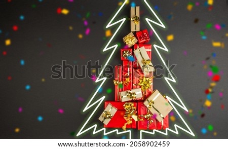 Christmas tree made of  presents box , Merry Christmas and happy New Year card celebration old craft styling