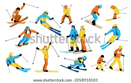 Set of skiers isolated on white background. Family winter trip in mountains. Ski actions: downhill, slalom, freeride, ski jumping, freestyle. Skiing in winter Alps. Vector illustration Royalty-Free Stock Photo #2058918503