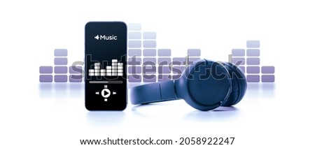 Music icon. Audio equipment with beats, sound headphones, music application on mobile smartphone screen. Radio recording sound voice isolated on white background. Broadcast media music concept