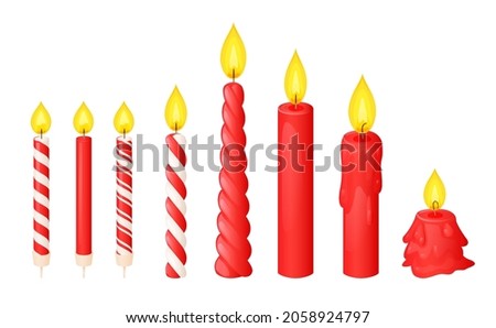 Red wax candles with flame in different stages of burn, twisted and striped. Vector cartoon set of paraffin candles with fire and wax drips. Festive decoration for birthday cake, Halloween, New Year Royalty-Free Stock Photo #2058924797