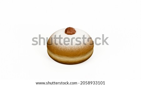 Traditional donut 'sufganiyah' isolated on white background, front view. Hanukkah celebration treat, studio image. Chocolate cream filling, fresh baked doughnut, top view.