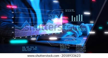 Business finance data analytics graph chart report, man using laptop computer hand typing investment data digital marketing KPI sale report, financial management technology, cyber space metaverse. Royalty-Free Stock Photo #2058933623