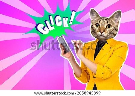 The cat uses an electronic gadget. The metaphor is a smart cat. A woman with the head of an animal. A modern collage. A person with a cat head. A bright picture for a magazine.