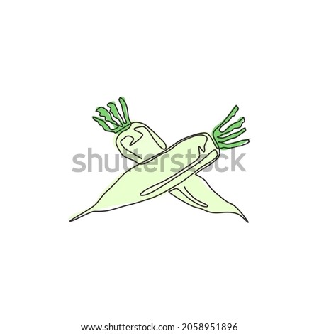 Single continuous line drawing of whole healthy organic white radish for farm logo identity. Fresh Japanese daikon concept for vegetable icon. Modern one line draw design graphic vector illustration Royalty-Free Stock Photo #2058951896