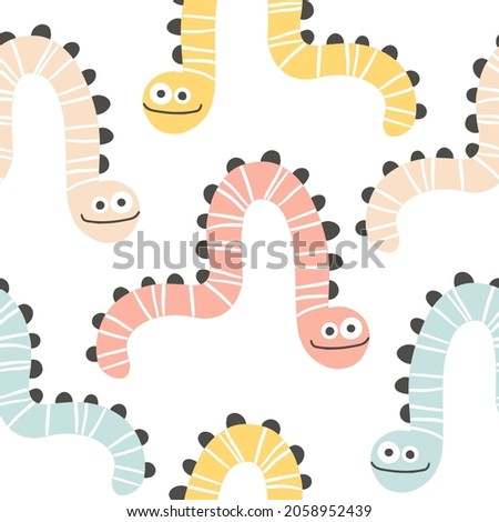 Worm snake seamless pattern. Monster in striped. Cute cartoon character in simple hand-drawn Scandinavian style. Vector childish doodle illustration. Baby textiles, fabric, digital paper