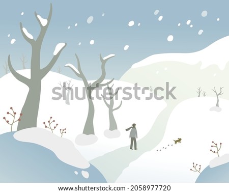 A man is walking with a dog in the snowy forest. flat design style vector illustration.