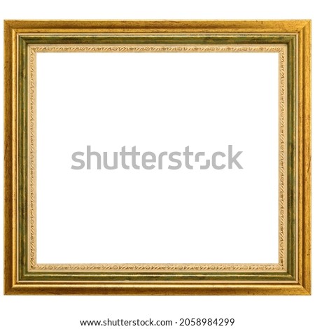 Green Golden Classic Old Vintage Wooden mockup canvas frame isolated on white background. Blank and diverse subject moulding baguette. Design element. use for framing paintings, mirrors or photo.
