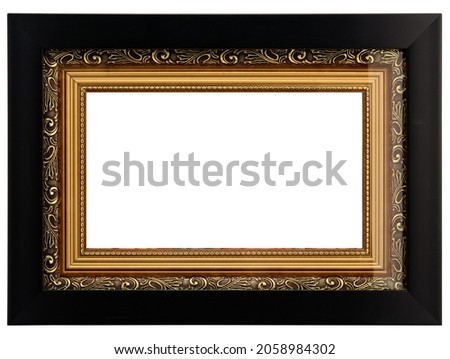 Golden Black Classic Old Vintage Wooden mockup canvas frame isolated on white background. Blank and diverse subject moulding baguette. Design element. use for framing paintings, mirrors or photo.