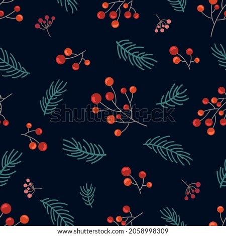 Rowan and fir branches, small berries on a dark blue-violet background. Seamless winter doodle pattern. Suitable for packaging, wallpaper.