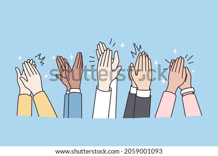 People hands applaud thank speaker or trainer for presentation. Excited audience clap after concert or performance. Acknowledgement, triumph, ovation concept. Flat vector illustration.  Royalty-Free Stock Photo #2059001093