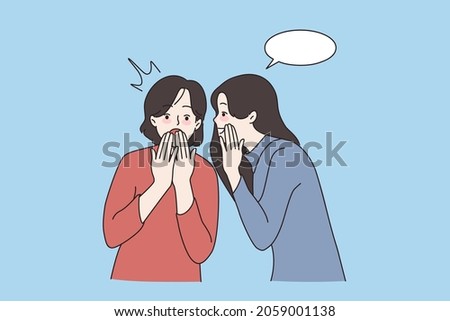 Excited millennial girlfriends gossip laughing joking. Smiling young women share secrets whisper in ear in private communication. Rumors spread concept. Cartoon character, vector illustration.  Royalty-Free Stock Photo #2059001138