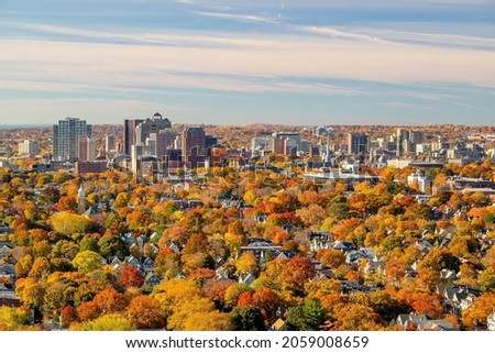 New Haven city downtown skyline cityscape of Connecticut, USA in autumn Royalty-Free Stock Photo #2059008659