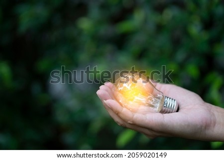 Closeup hand man hold light bulb on green nature background, eco concept.