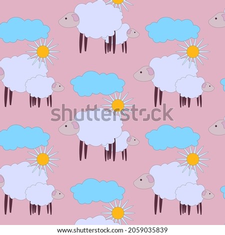 Seamless sheep, flowers and clouds pattern. Vector illustration. Cartoon children background. Fabric print.