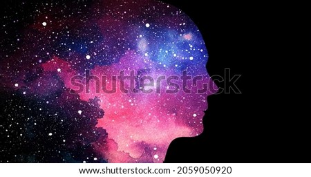 Vector illustration of human head on starry space background. Artificial intelligence or cosmic consciousness concept Royalty-Free Stock Photo #2059050920