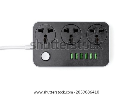 Top view of universal extension power cord for plug and USB charging isolated on white background.
