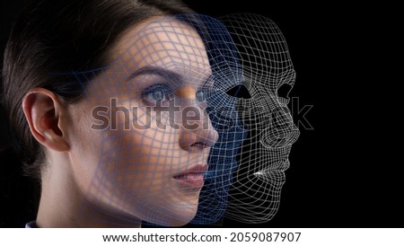 Face of millennial concentrated caucasian pretty woman, graphic circuit and digital mask, close up. Personal encryption protection. Innovations Systems and development computers software industry