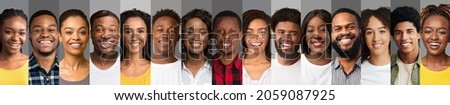 Creative Collage With Smiling Black People Faces Over Grey Backgrounds, Set Of Happy Young African American Men And Women Portraits In A Row, Diverse Males And Females Looking At Camera, Panorama Royalty-Free Stock Photo #2059087925