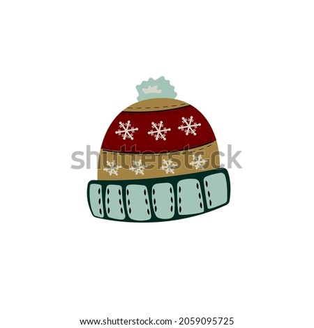 Vector illustration of a winter hat with snowflakes. Isolated hand drawn winter clothing design for logo, icon, postcard, card, banner.